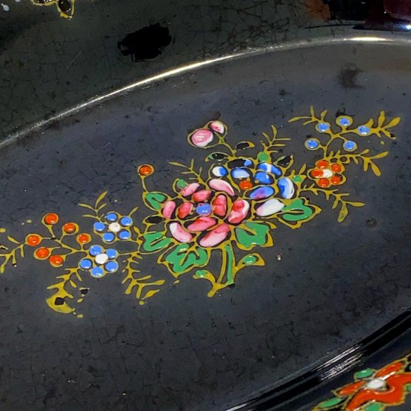 Vintage Oval Black Ceramic Hand Painted Floral Dish Plate Japan *read* - Picture 4 of 6
